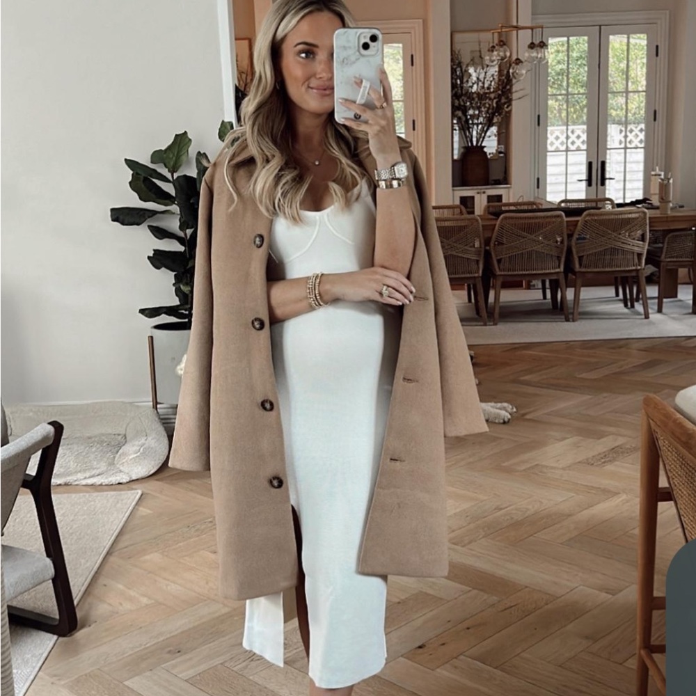 Abercrombie & Fitch White Midi Dress with Tan Coat